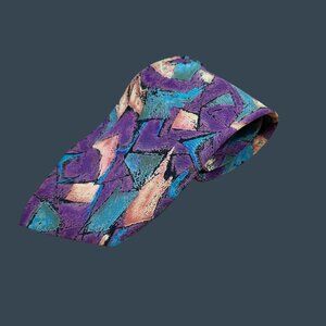 Vintage Tuli 100% Silk Abstract Geometric Tie Made In USA Purple/Teal/Peach